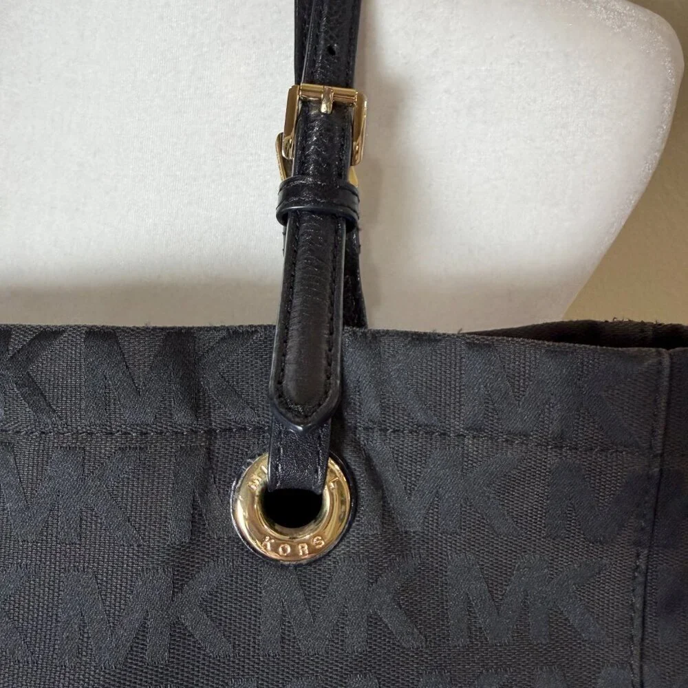Michael Kors Black Leather Monogram Jet Set Grab Shoulder Tote Bag